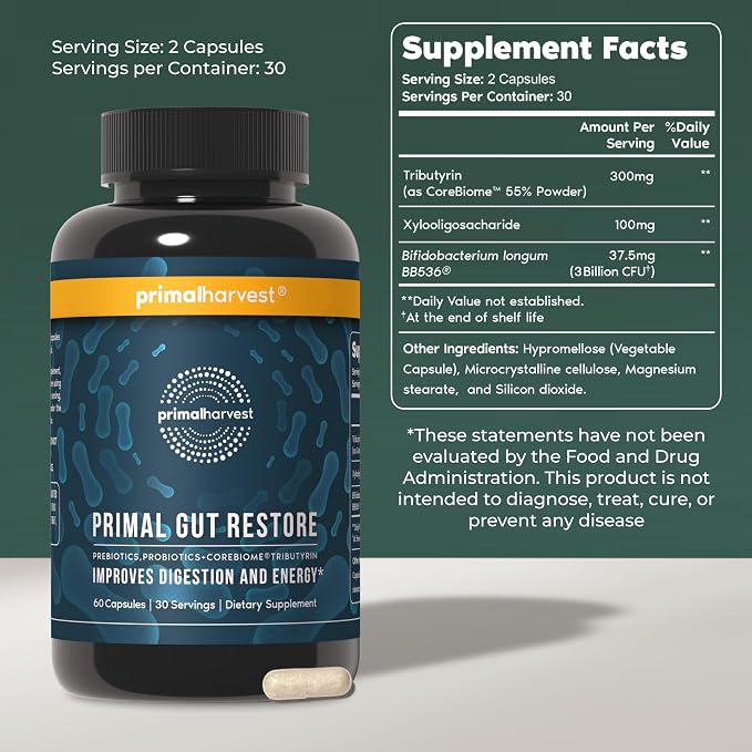 Primal Harvest Restore for Gut Health, Primal Gut Restore w/POSTbiotics, PREbiotics and PRObiotics for Women and Men, 60 CT - Digestion, Colon Cleanse, Immunity Support - Helps Leaky Gut Repair