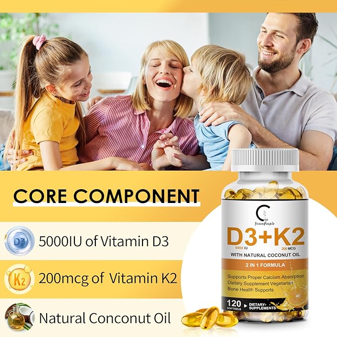 Vitamin D3 K2 Supplement with Vitamin D3 5000 IU, 200 mcg Vitamin K2 MK-7 & Natural Coconut Oil, Plant Based 2-1 Formula for Bone, Teeth, Muscle and Immune Health Support,120 Softgel Capsules
