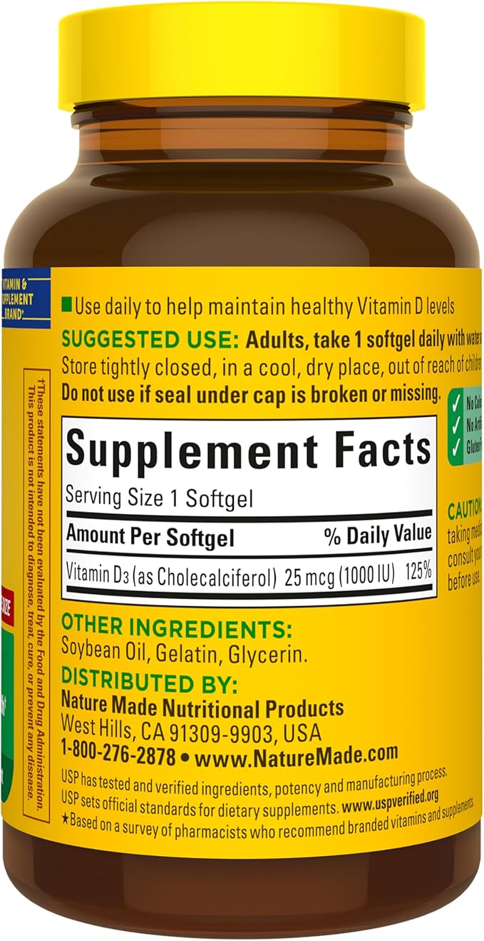 Nature Made Vitamin D3 1000 IU (25 mcg), Vitamin D Supplement for Bone, Teeth, Muscle and Immune Health Support, 180 Softgels, 180 Day Supply