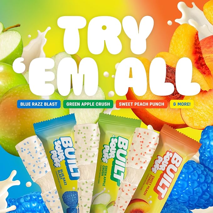 BUILT Sour Puff Protein Bar, Blue Razz Blast, 16g Protein - 12 Count | Sour Gummy, Candy-like Protein Snack Bar with Collagen, Calorie Conscious, Gluten Free