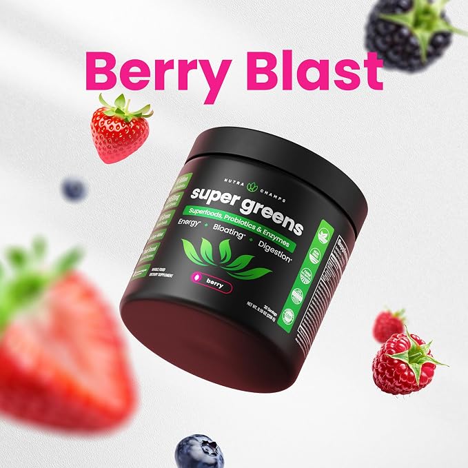 NutraChamps Super Greens Powder Premium Superfood | 20+ Organic Green Veggie Whole Foods | Wheat Grass, Spirulina, Chlorella & More | Antioxidant, Digestive Enzyme & Probiotic Blends