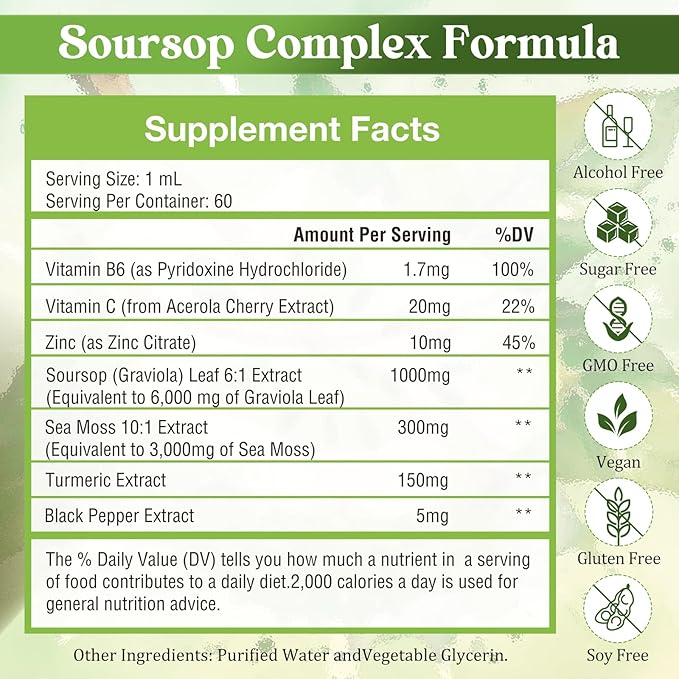 7-in-1 Soursop Graviola with Sea Moss Liquid Drops, Soursop Bitters Liquid Rich in Multivitamin for Digestive Antioxidant, Immune Boost, Cell Support & Regeneration, 2 Fl Oz