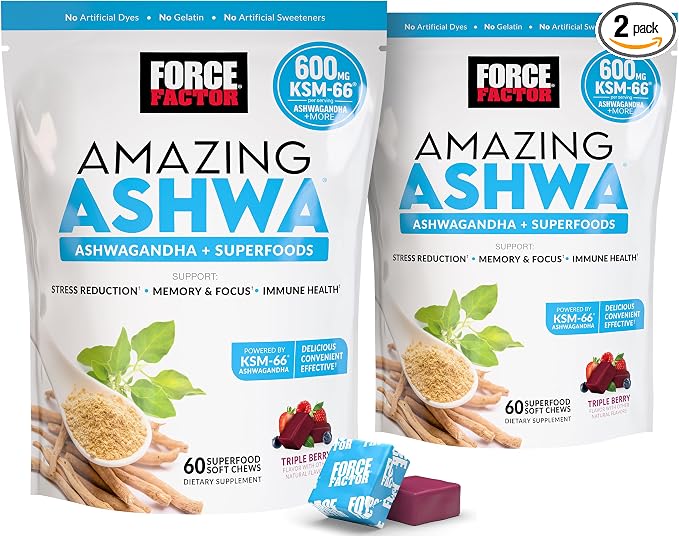 Force Factor Amazing Ashwa for Stress Relief, Memory, Focus, and Immune Support Health, Ashwaganda Supplement with KSM-66 Ashwagandha for Stress, 120 Soft Chews
