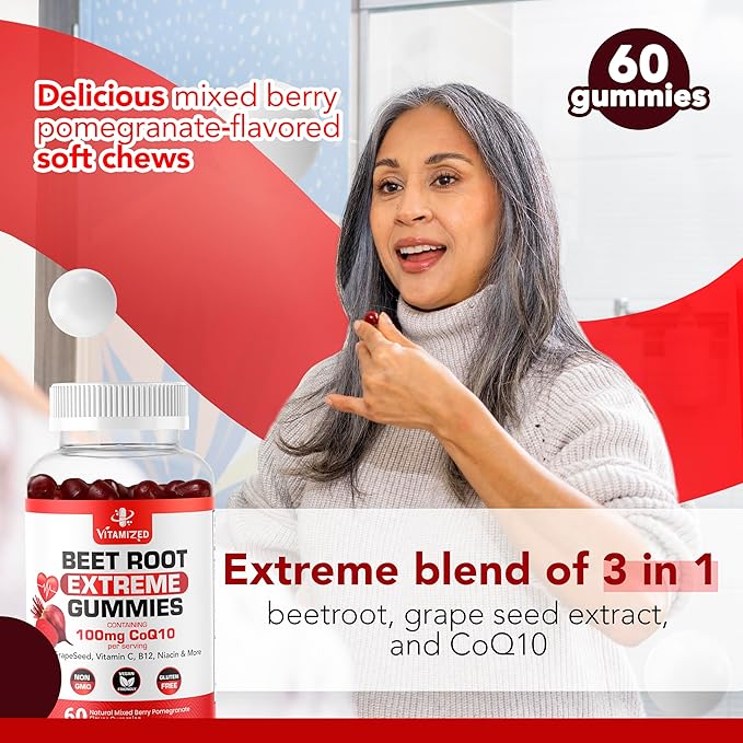 Extreme Beetroot Formula & COQ10 100mg with Grape Seed Extract, for Circulation Energy & Flow, Beet Root Gummies Extract Gluten Free 60