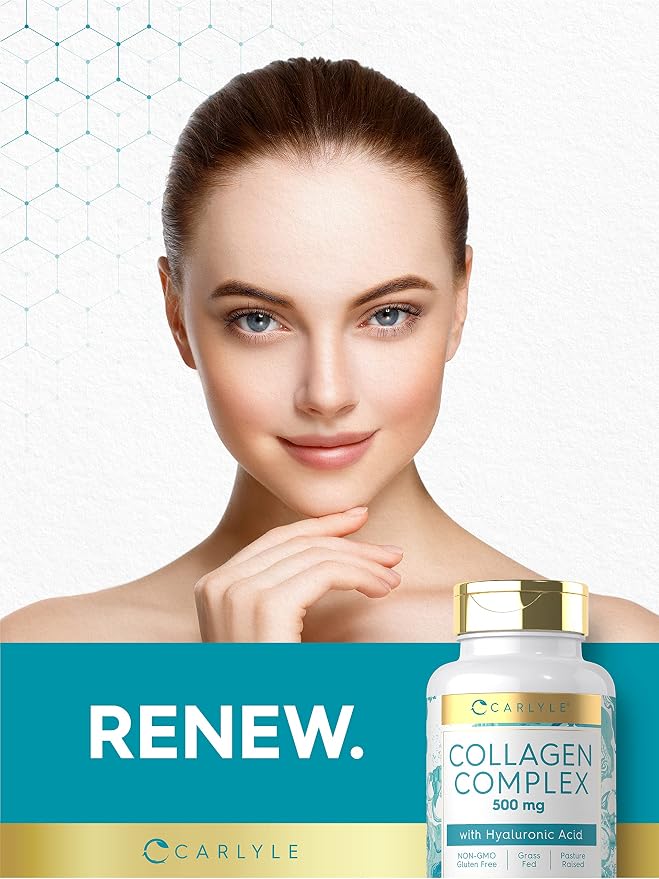 Carlyle Collagen Pills with Hyaluronic Acid | 500mg | 90 Capsules | Hydrolyzed Collagen Type 1 and 3 | Non-GMO, Gluten Free Supplement