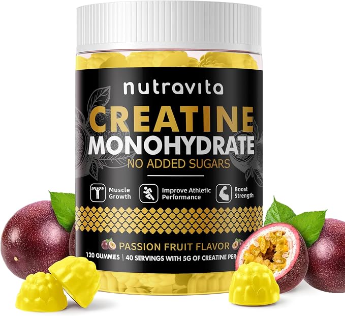 Nutravita NSF Certified Creatine Gummy - Creatine Monohydrate Gummies for Men & Women-5g of Creatine Monohydrate per Serving - Sugar Free,Vegan, Passion Fruit Flavor, 120 Count