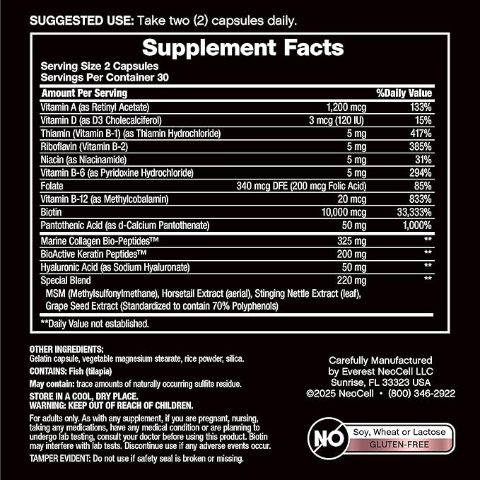 NeoCell Biotin Collagen Keratin Supplement | 80000mcg | 60 Capsules | Beauty B-Complex | Plus Hyaluronic Acid | Hair, Skin, and Nails