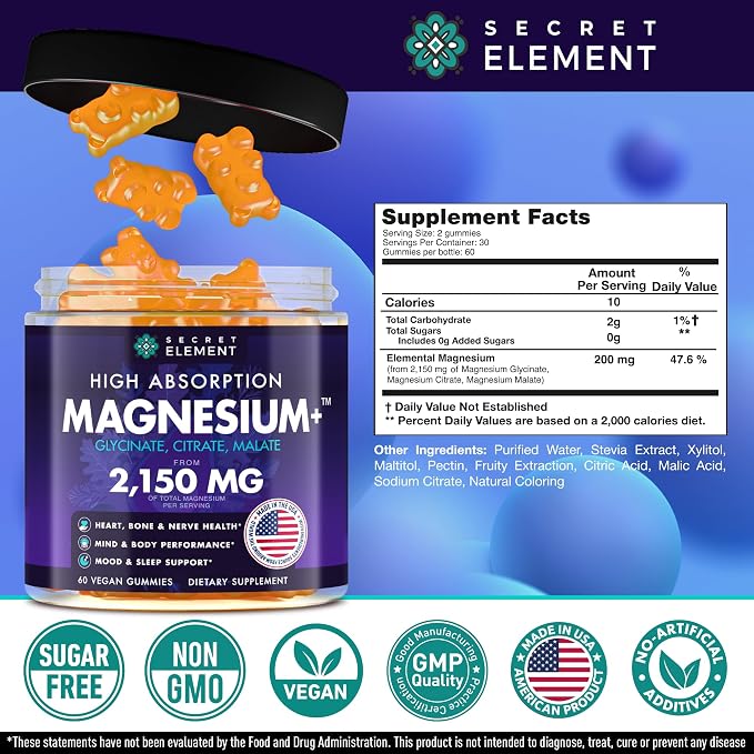 Secret Element Magnesium Glycinate 2150MG Gummies for Women and Men, High Absorption Magnesium Glycinate, Citrate, Malate Gummies for Adults & Kids, Sleep Support, Sugar Free, Vegan, 60 Chews, Orange