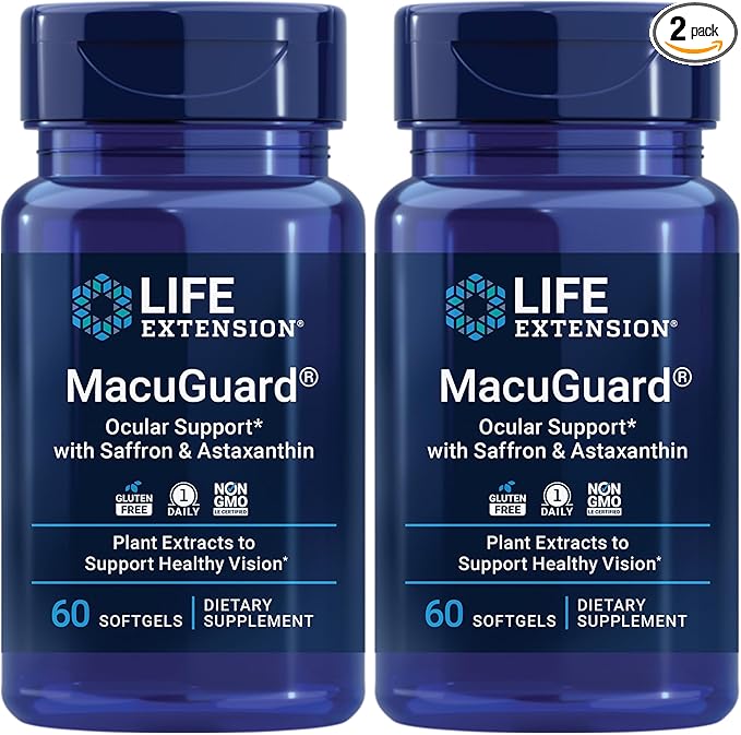Life Extension MacuGuard Ocular Support with Saffron & Astaxanthin – Eye Health Supplement for Healthy Vision – with Lutein, zeaxanthin, Meso-zeaxanthin – Gluten-Free, Non-GMO – 60 softgels