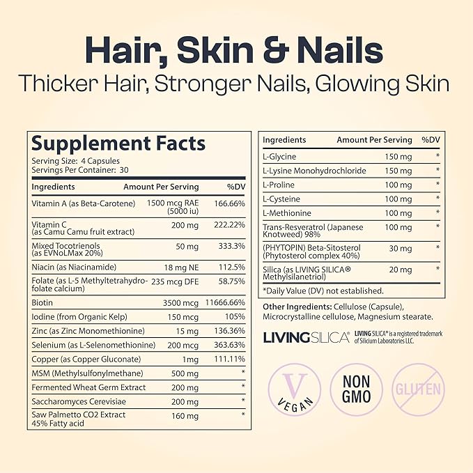 My Vida Origins Hair Skin and Nails | Thicker Hair, Stronger Nails, Vibrant Skin | Supports Natural Beauty | Zinc, Biotin, Vitamin E | Vegan 120 Capsules 1 Month Supply