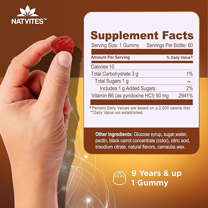 High-Potency Vitamin B6 Gummies for Kids - Delicious Berry Flavored VIT B6 Vitamins 50mg - Supports Nerve Function - Vegetarian Gluten Free Non-GMO Children's 50 mg B 6 Supplement (60 Count)