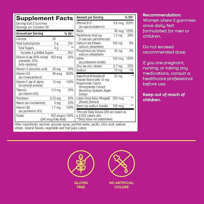 Nature's Way Alive! Women’s 50 Plus Multivitamin Gummy, Daily Chewable Multivitamins with B-Vitamins, Vitamin D3, Calcium, Supports Heart, Brain & Bone Health,* Mixed Berry Flavored, 130 Count