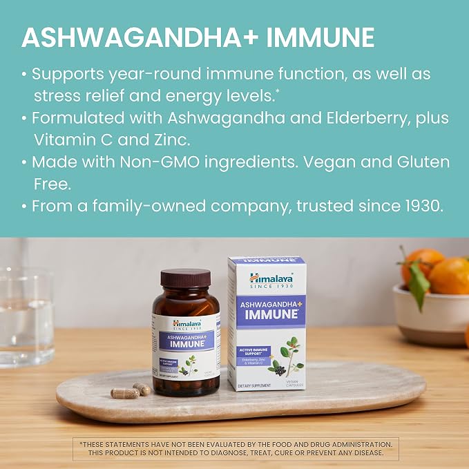 Himalaya Ashwagandha+ Immune - Herbal Immune Support Supplement with Vitamin C, Zinc, Elderberry, and Amla for Immunity - Vegan, Non-GMO, Gluten Free, 960 mg, 60 Capsules