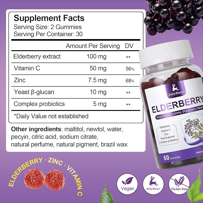 60 Gummies Sambucus Elderberry Gummies - Immune Support for Adults and kids 4+ 5 in 1 with Vitamin C, Zinc, Yeast β-glucan, Probiotics Complex, Nature Elderberry Supplement, Non-GMO, Gluten Free