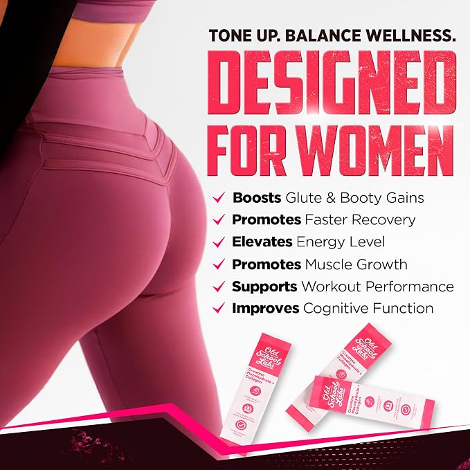 Old School Labs Creatine for Women – Post-Workout Supplement with 5000mg Creatine Monohydrate Powder, 2000mg Collagen & BCAA 2:1:1 for Strength Support & Recovery – Unflavored - 1 Ounce (Pack of 30)