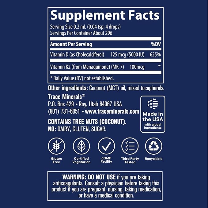 Trace Minerals | Liquid Ionic Vitamin D3 + K2 | 125 mcg (5,000 IU) D3, 100 mcg K2 | Concentrated Dietary Supplement | 2 fl oz. 296 Servings