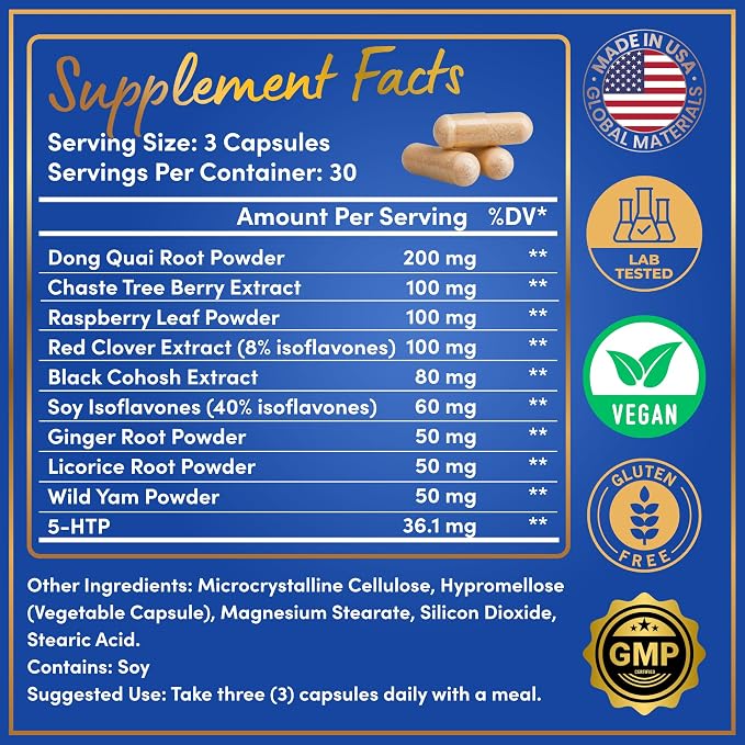 Menopause Supplements for Women - 5-HTP, Dong Quai, Black Cohosh for Menopause Hot Flashes, Night Sweats Relief Support - Womens Pre Meno Premenopausal Perimenopause Supplement - 90 Caps