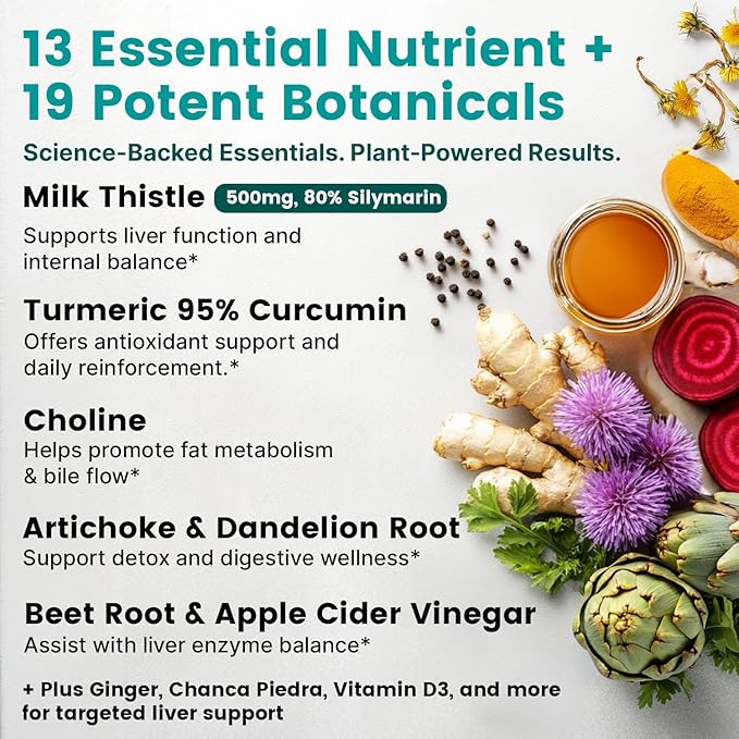 32-in-1 Liver Support with Milk Thistle Supplement – Liver Detox with Silymarin, Artichoke Extract & Beetroot Powder – Comprehensive Wellness Formula for Liver Cleanse – 1426mg (90 count) (Pack of 1)