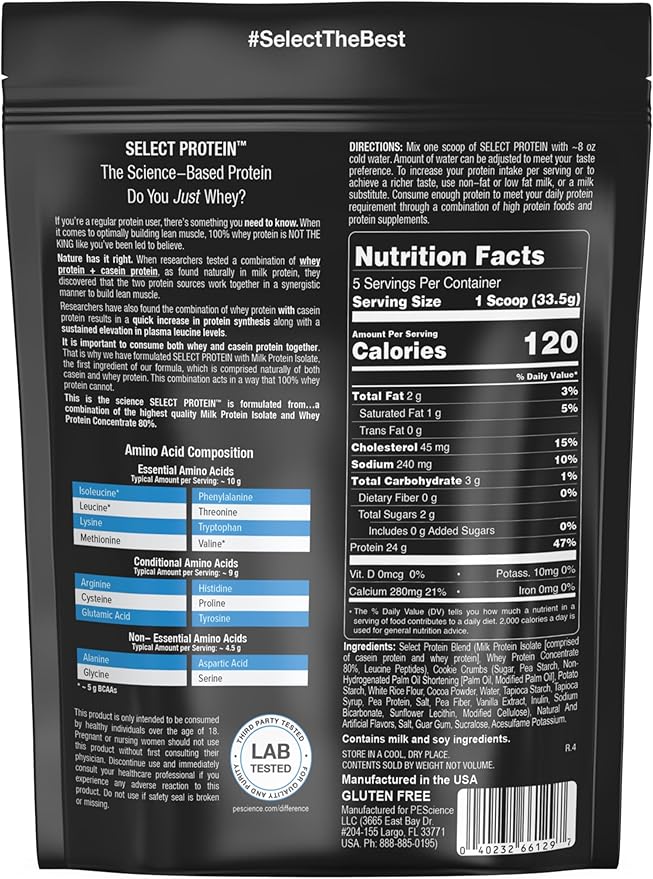 PEScience Select Protein Powder, Whey and Casein Blend, Lean Protein Powder for Women and Men, Low Calorie, Low Carb, Keto Friendly, Gluten Free, Cookies and Cream - 5 Servings