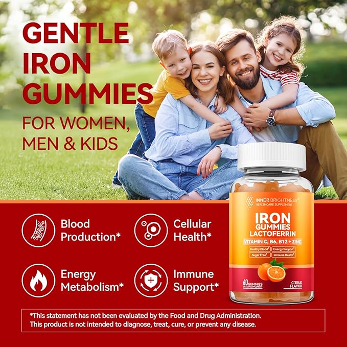 Iron Supplement Gummies with Lactoferrin, Vitamin C, B6, B12 & Zinc – Gentle, Vegan, Sugar-Free – Supports Healthy Blood, Immune Health & Energy – for Women, Men & Kids – Orange Flavor, 60 Count