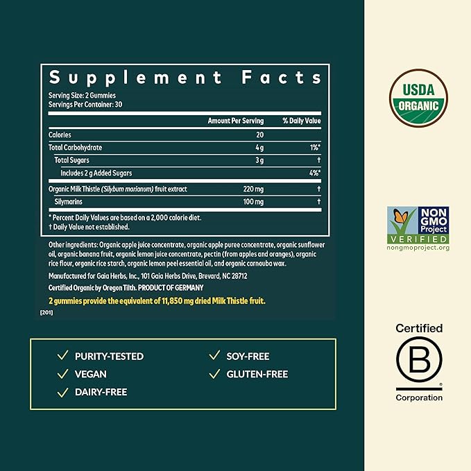 Gaia Herbs Milk Thistle Gummies - Herbal Supplement with Antioxidant Support for Liver Health* - Lemon Flavored - 60 Vegan Gummies (30 Servings)