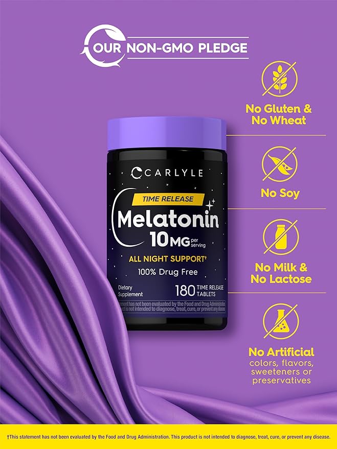 Carlyle Melatonin 10mg | 180 Time Release Tablets | All Night Support | with Vitamin B6 | 100% Drug Free Supplement | Vegan, Non-GMO, Gluten Free