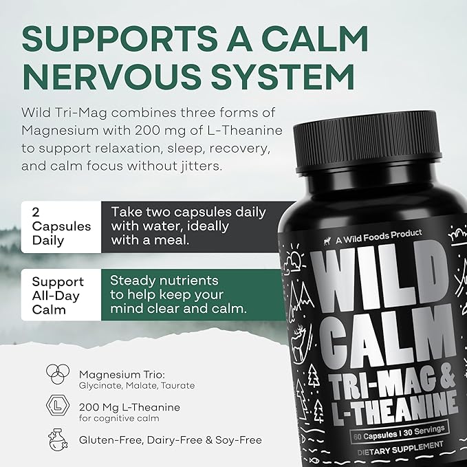 Wild Foods 3 in 1 Magnesium Glycinate L Theanine for Calm Sleep & Muscle Relaxation - Glycinate, Malate, Taurate - 100% Natural Magnesium Complex for Women and Men - 60 Capsules
