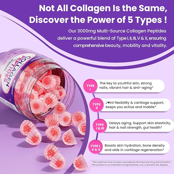 2 Pack Collagen Gummies for Women & Men 3000mg, Hydrolyzed Collagen Peptides with Antioxidant Blend & Digestive Enzymes, Multi Collagen (Type I,II,III,V,X) for Anti-Aging, Hair, Skin, Nails,Sugar Free