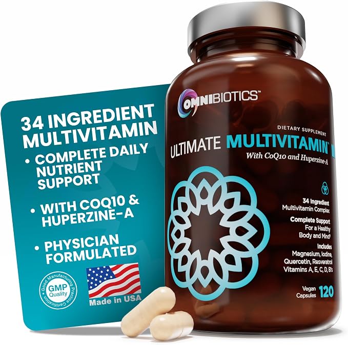 OmniBiotics Ultimate Daily Multivitamin for Women & Men – 34 Essential Ingredients Including Vitamin A, C, D, E, B6, B12, Biotin, Zinc – 120 Vegan Capsules