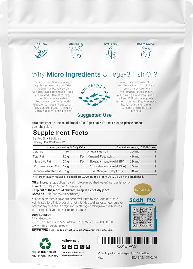 Micro Ingredients Extra Strength Omega 3 Fish Oil Supplements 1,200mg Per Serving, 240 Softgels | Lemon Flavored | Burpless | Essential Fatty Acids | EPA 220mg + DHA 150mg | Deep Sea Fish