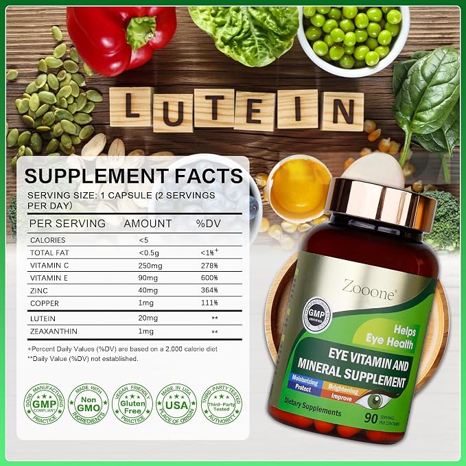 zooone Lutein and Zeaxanthin Eye Vitamins, Eye Vitamin and Mineral Supplement with Vitamin C E Zinc Copper, Vision Support for Macular Degeneration, Eye Health Pills for Adults & Seniors, 90 Capsules