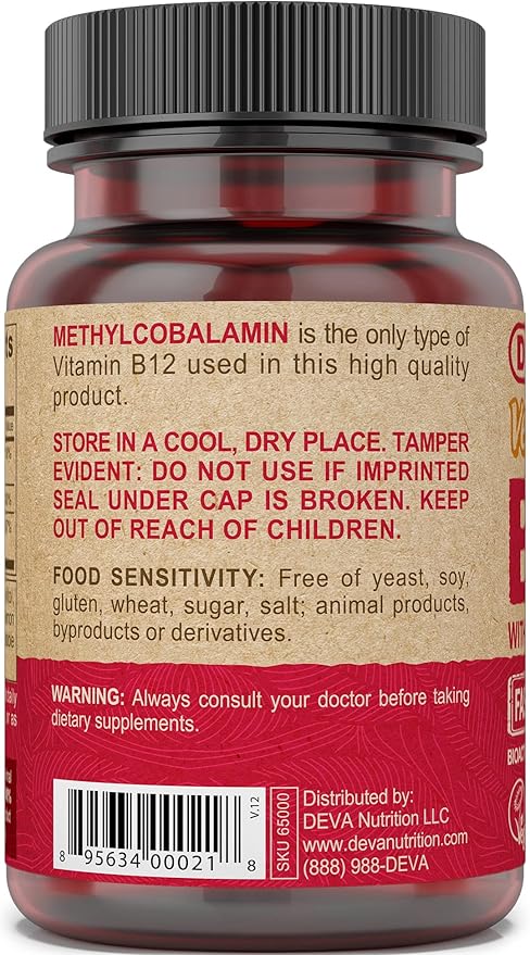 DEVA Vegan Vitamin B12 Fast Dissolve Supplement - Once-Per-Day Complex with 1000 Mcg Methylcobalamin B12, Folic Acid, B6 - Lemon Flavor - 90 Dissolvable Tablets,