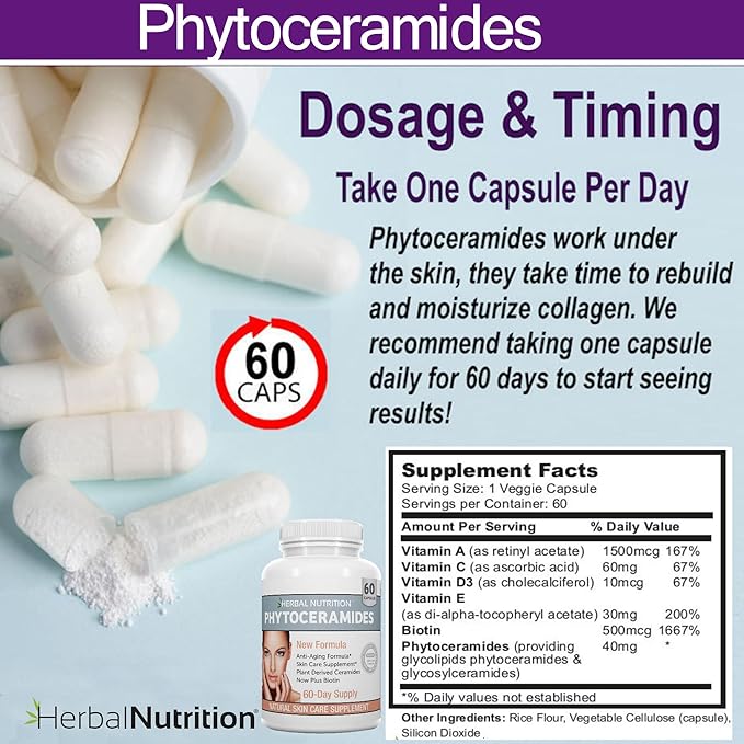 Herbal Nutrition Phytoceramides from Rice with Biotin Vitamin A, C, D and E, Three Bottle Pack, 180 Capsules 40mg