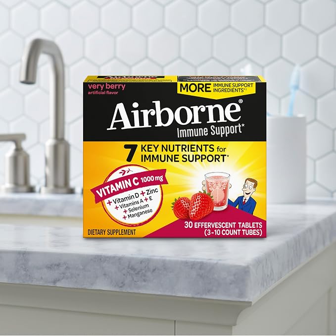 Airborne 1000mg Vitamin C with Vitamin D & Zinc, Sugar Free Multivitamin Immune Support Supplement, Antioxidants Vitamins A C & E, Very Berry Flavor, 30 Tablets (Pack of 2)