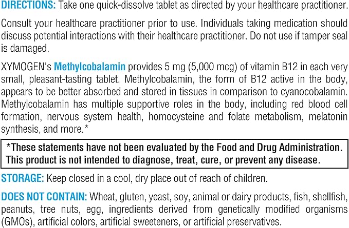 XYMOGEN Methylcobalamin - 5 mg Vitamin B12 - Supports Healthy Methylation, Neurological Health & Red Blood Cell Formation - Non-GMO & Gluten Free - 120 Quick-Disssolve Tablets