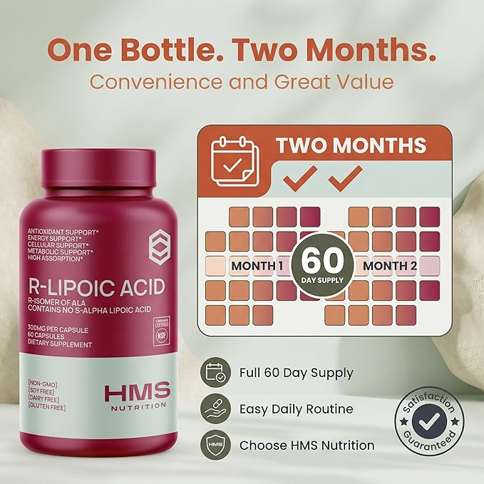 Stabilized R-Lipoic Acid 300 mg per Serving — Pure R Alpha Lipoic Acid (R-ALA) High Potency Active R Isomer Antioxidant Nerve & Metabolism Support — NSF Certified Non-GMO Vegan 60Capsule