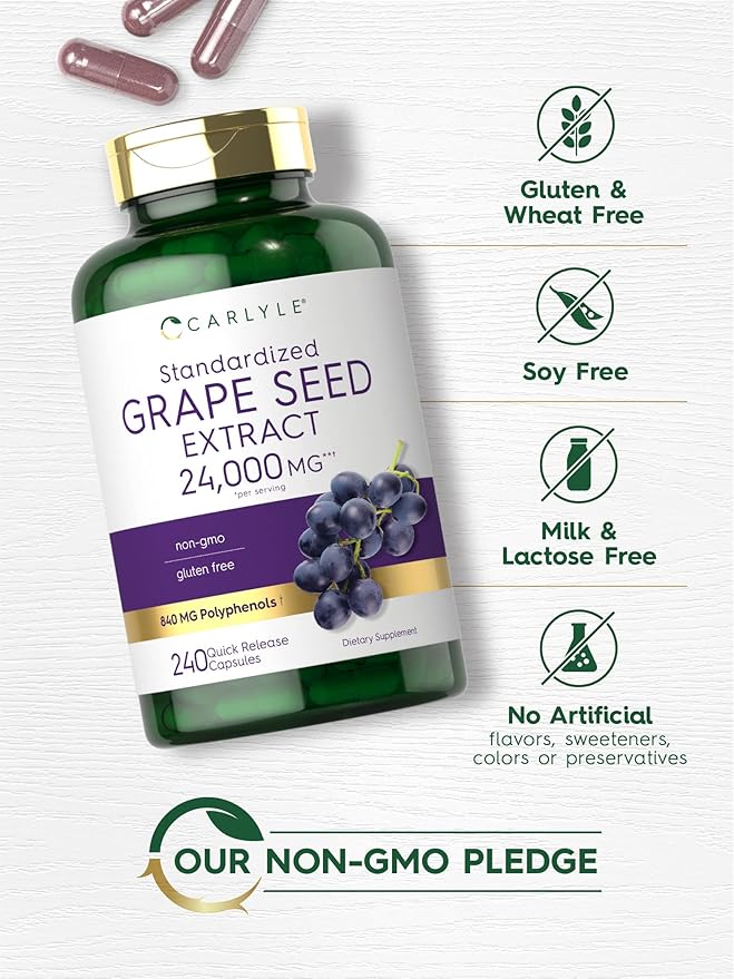 Carlyle Grape Seed Extract | 240 Capsules | Maximum Strength Standardized Extract | Non-GMO, Gluten Free