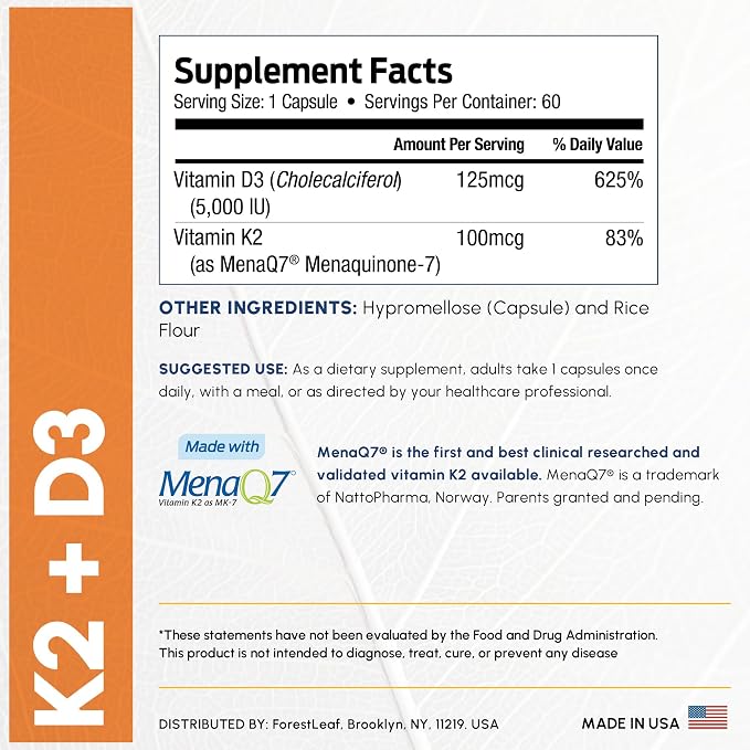 ForestLeaf Vitamin D3 + K2 (MK7) Supplement - MenaQ7 - Calcium and Vitamin D3 5000 IU Max Absorption - Teeth and Bone Strength, Heart Health, Immune System Support - 60 Veggie Capsules