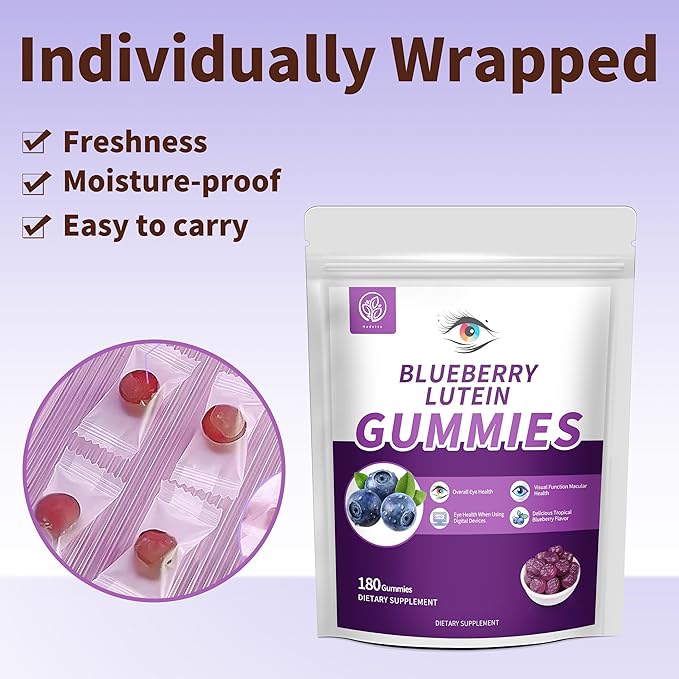 Blueberry Lutein Eye Vitamins Gummies with 180 Count - 3 Month Supply, Vegan Eye Health Supplement for Kids and Adult, Lutein Gummies for Vision Clarity and Blue Light Support