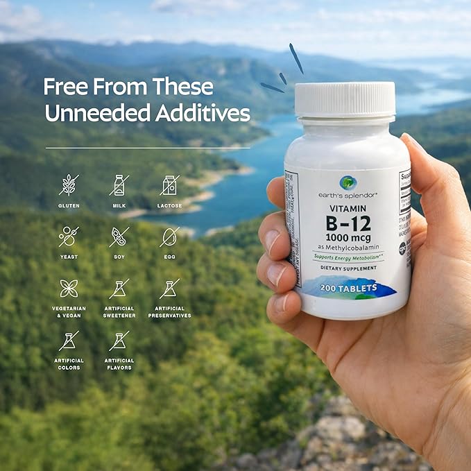 Earth's Splendor Energy Supplements, with Vitamin B12, No Artificial Color or Flavor, Gluten Free, Energy Metabolism Support (1000mcg, 400 Tablets)