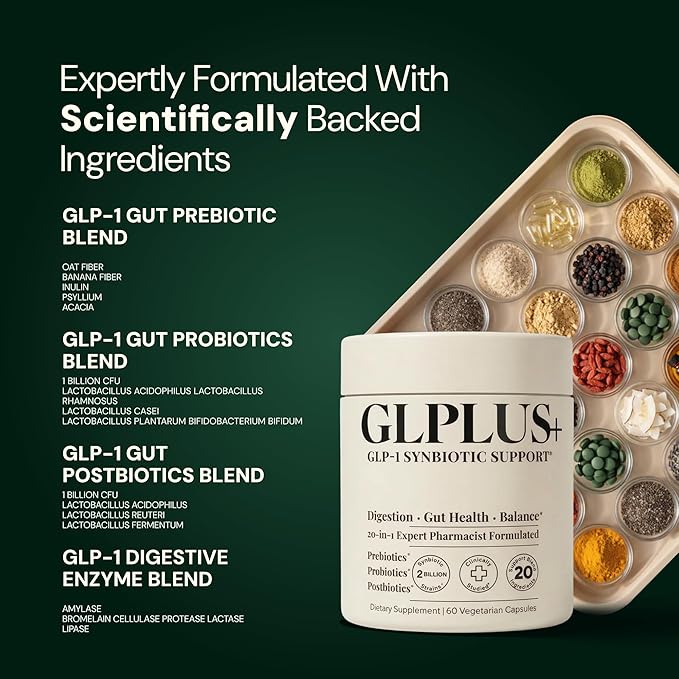 GLP-1 Support Supplement for Nausea, Bloating & Gut Health – Synbiotic Pre, Pro & Postbiotic for Women & Men for GLP-1 Users — Injection & Oral Users – Pharmacist Formulated, 20-in-1 (60 Capsules)