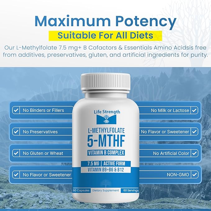 L-Methylfolate 7.5mg + Vitamin B Complex - 5-MTHF, B6 & B12 Methylcobalamin - 60 Capsules - Professional Strength Active Methyl Folate - Non GMO, Gluten Free, No Fillers (2-Month Supply)