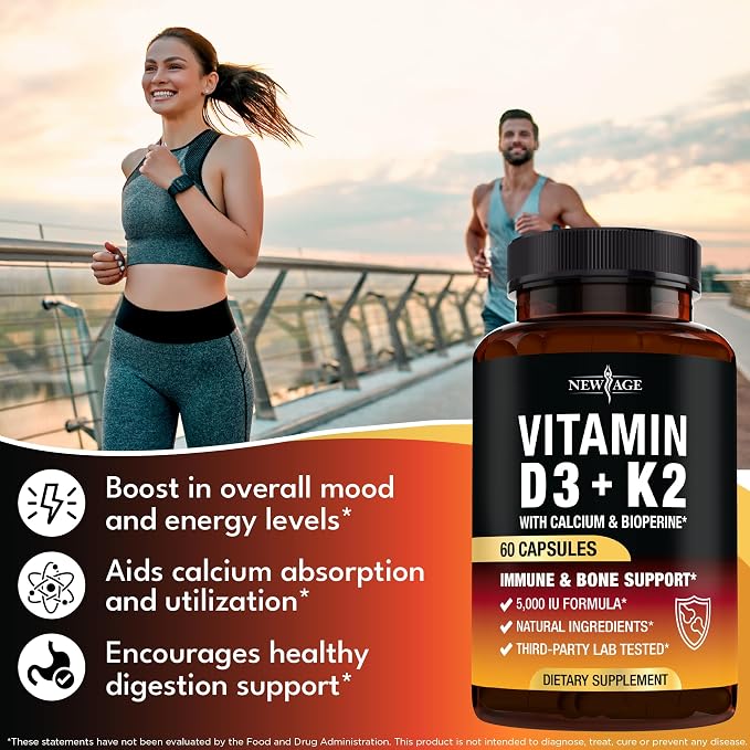 NEW AGE Vitamin D3 5,000 IU + K2 MK-7 100 mcg - 2-in-1 Bone, Immune & Heart Support, Easy to Swallow, Non-GMO - 120 Capsules