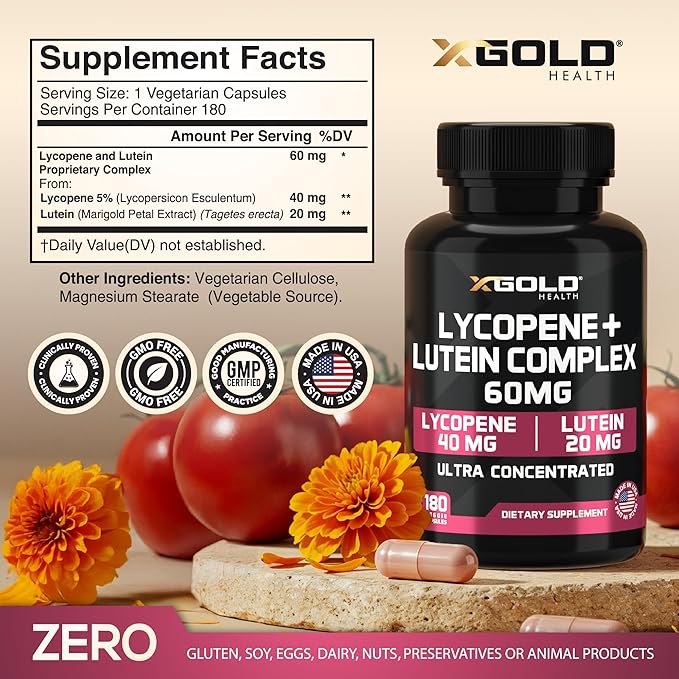 Lycopene + Lutein Supplement 60mg – 40mg Lycopene (Tomato Extract) + 20mg Lutein – Eye Health & Vision Support – Antioxidant for Skin & Cellular Health – Non-GMO, Vegan – 180 Capsules