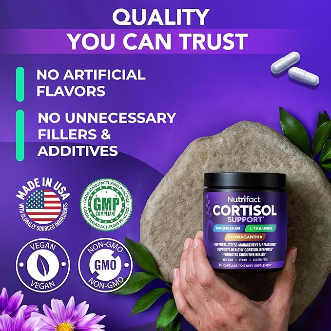 Cortisol Supplements for Women & Men - Vegan, Non-GMO, Made in USA Cortisol Reducer, Manager with Magnesium Ashwagandha L Theanine, Vitamin B Complex for Sleep Support - 60 Capsules