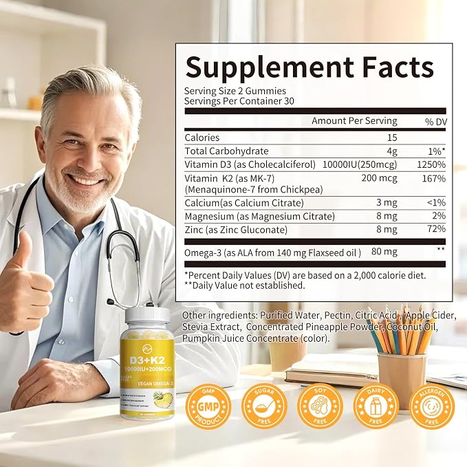 M inch Vitamin D3 K2 Gummies, Vitamin D3 10000IU, K2 (MK-7) 200mcg, 6-in-1 Vitamina D3 con K2 Supplement with Omega-3 for Women and Men - Bones, Teeth & Immune Support, Sugar Free, 2 Pack