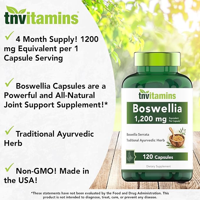 tnvitamins Boswellia Extract Capsules, 120 Count | 1,200 mg Per Capsule | 65% Boswellic Acids + 10:1 Concentrated Extract | Boswellia Serrata | Joint & Mobility Support*