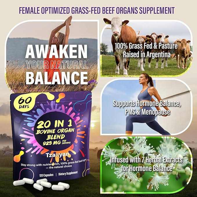 20-In-1 Beef Organ Supplement for Women, 925MG Grass Fed Beef Liver, Uterus, Ovary & 3 more with Maca, DIM, Black Cohosh, Vitamin & Mineral, Bovine organ Capsules for Hormone Balance, Energy, 60 Days