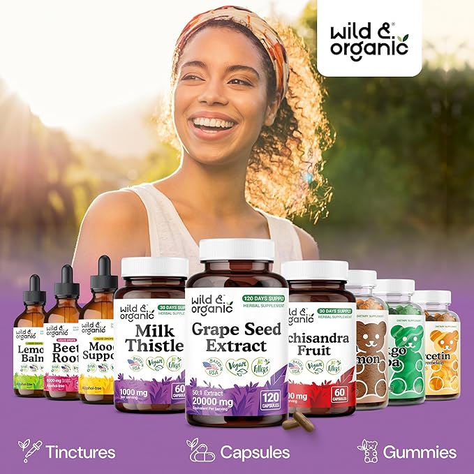Wild & Organic Grape Seed Extract Capsules - Antioxidant Support - Grapeseed Extract 400 mg - 95% Polyphenols - 120 Vegan Capsules - 4 Month Supply - Non-GMO
