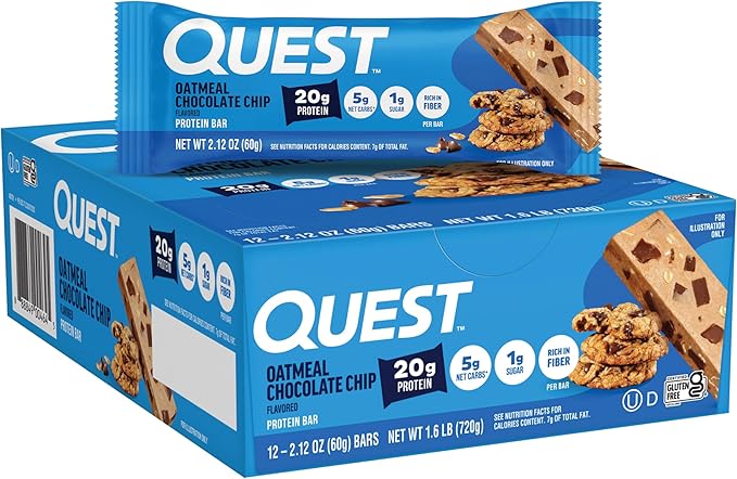 Quest Nutrition Oatmeal Chocolate Chip Protein Bars, 20g Protein, 1g Sugar, 5g Net Carb, Gluten Free, Keto Friendly, 12 Count